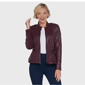 G.I.L.I. Gili Plum Burgundy Zip Front Faux Leather Double Peplum Jacket